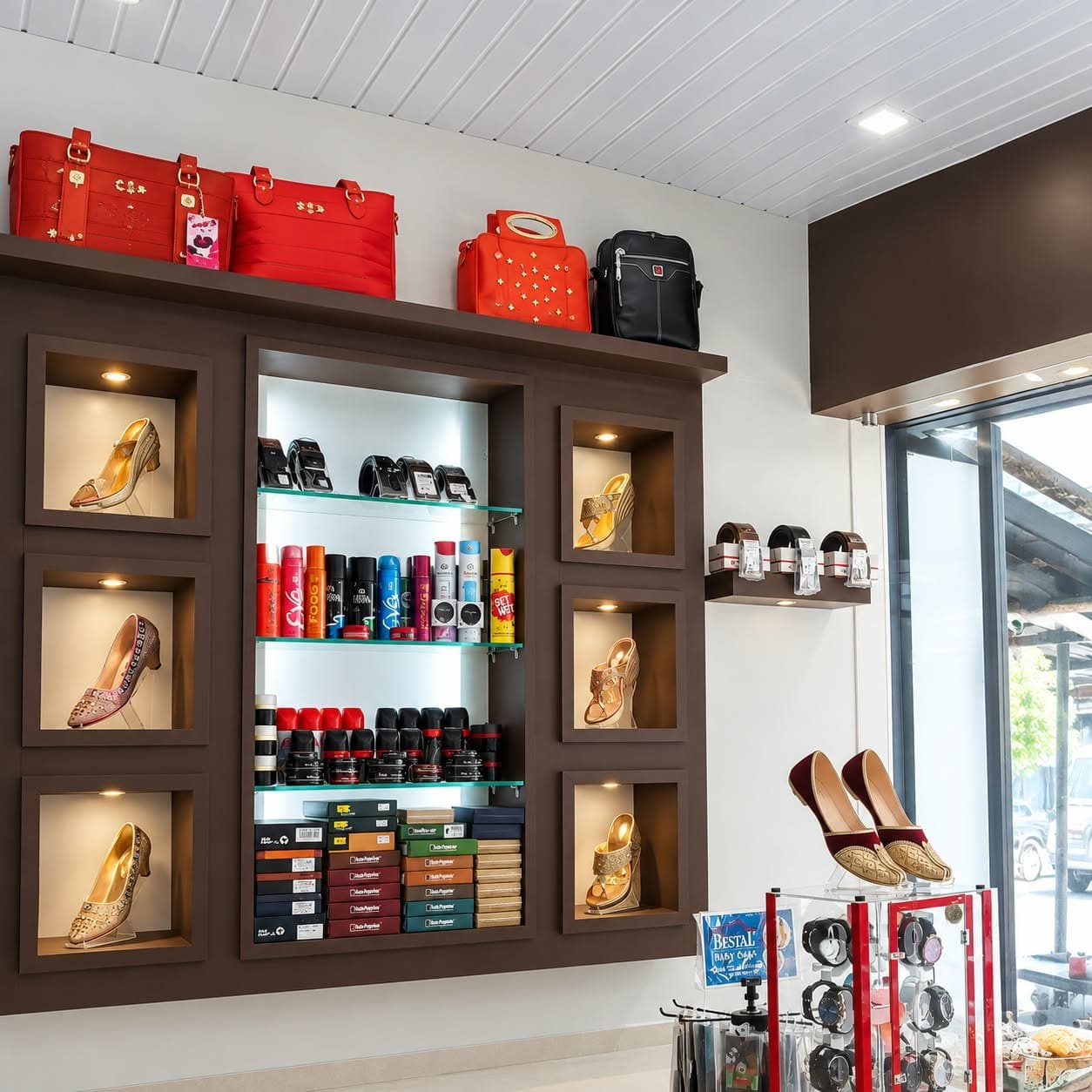 Retail boutique feature wall with lit display niches for footwear, glass shelves and bag display ledge
