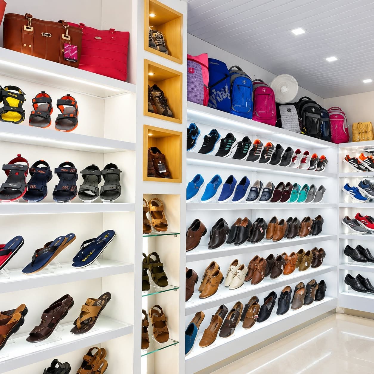 Footwear showroom interior with white backlit display shelves and bag display above, retail interior design in Palakkad
